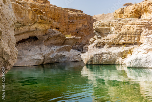 A stream of water in the rocky desert of Oman flowing in a canyon to the oasis of Wadi Bani Khalid - 6