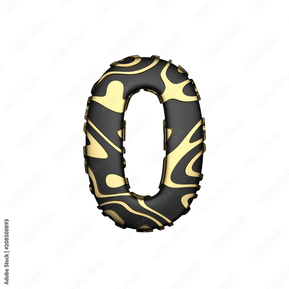 Alphabet number 0. Black carbonic font with yellow golden stains. 3D render isolated on white background. Alphabet number 0. Black carbonic font with yellow golden stains. 3D render isolated on white background.