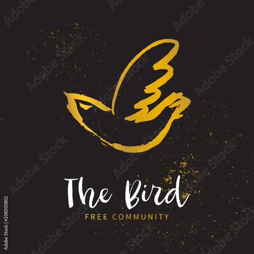 Free bird. Hand sketched bird logo. Gold cut silhouette on a black background. Hand drawn design elements. Vector illustration.