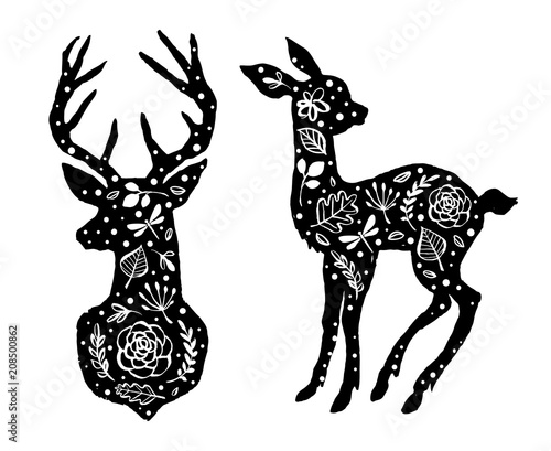Silhouette of deer and little baby fawn with flower pattern. Hand drawn design elements. Vector illustration. Nursery scandinavian art.