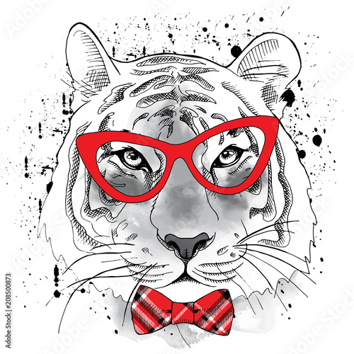 Tiger portrait with glasses and tie. Vector illustration.
