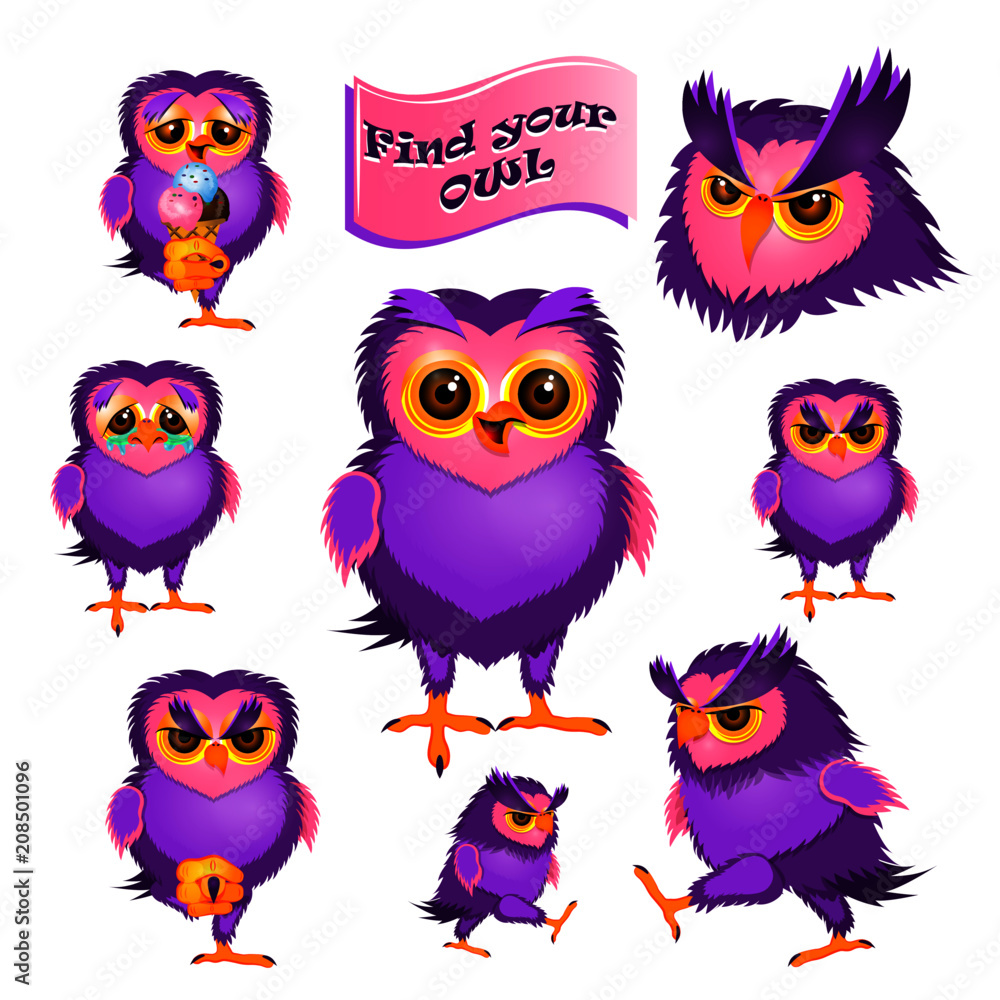 Set of 8 isolated characters of owl.