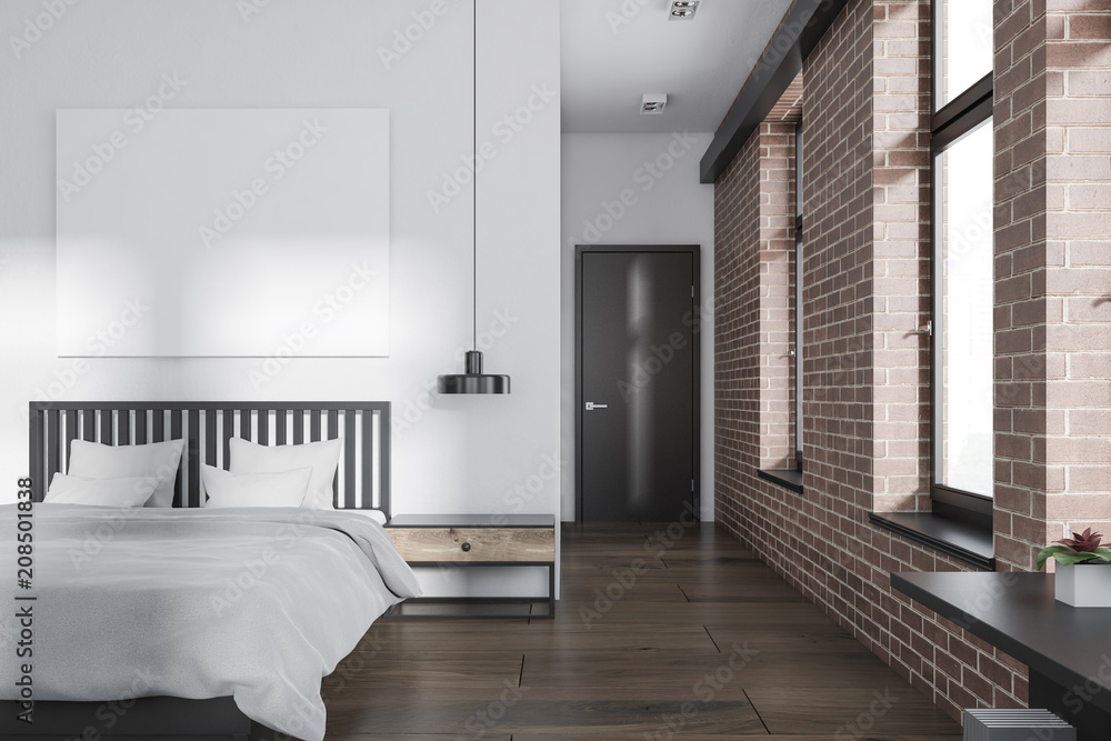 Fototapeta premium White and brick bedroom, poster, front view