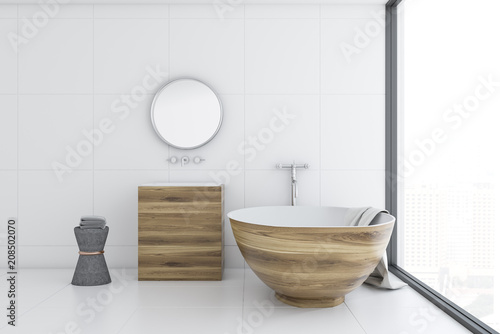 White bathroom interior  wooden tub and sink  side