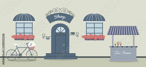 Pretty scenery in a rustic style. A shop, two windows with a striped awnings, door, stairs, red flowers. A bike and basket of daisies. A cute stall `Ice Cream`. Vector illustration