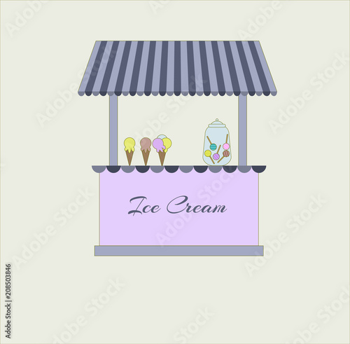 Cute stall `Ice Cream` with a striped awning. Vector illustration