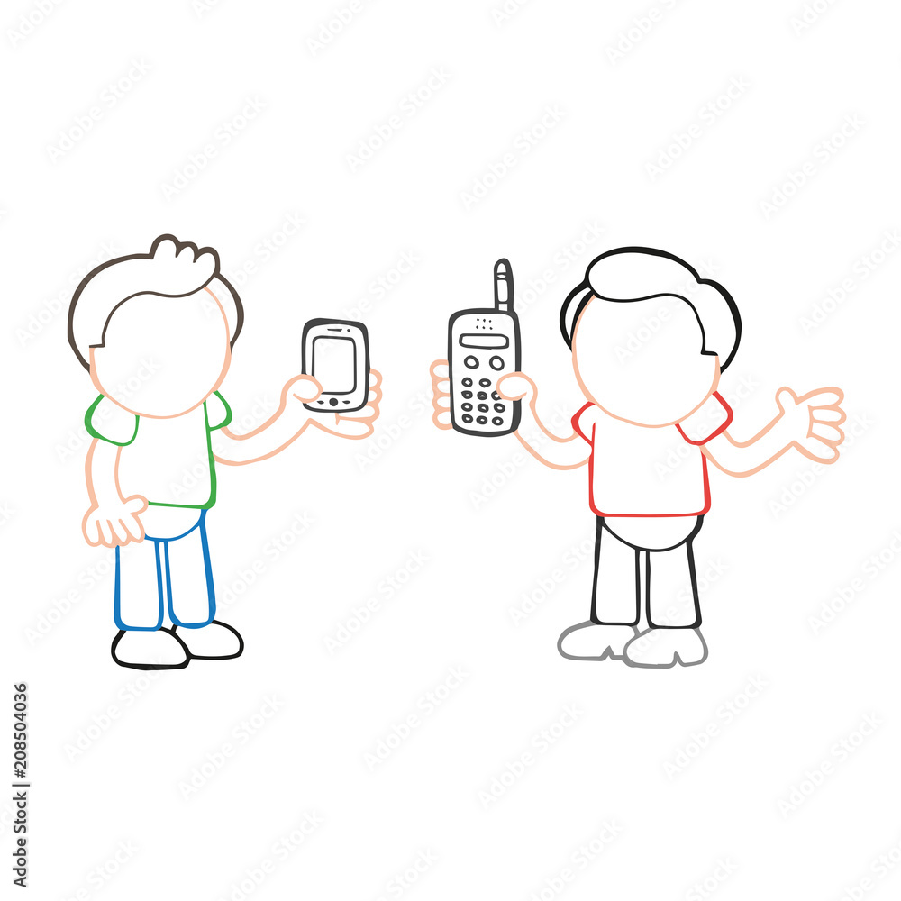 Vector hand-drawn cartoon of two men show their new and old phones each other Vector hand-drawn cartoon of two men show their new and old phones each other