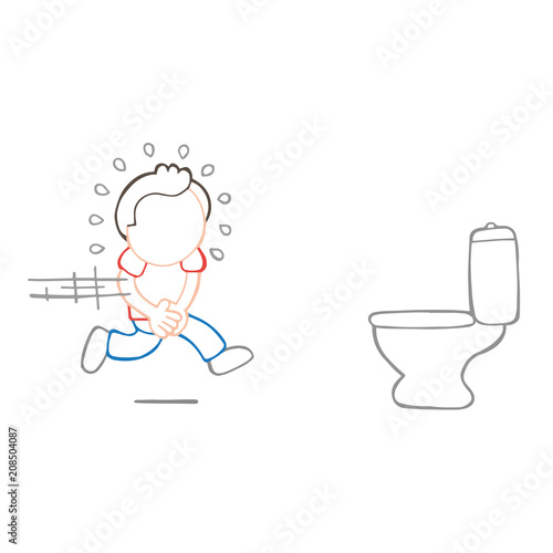 Vector hand-drawn cartoon of man running to pee on toilet bowl