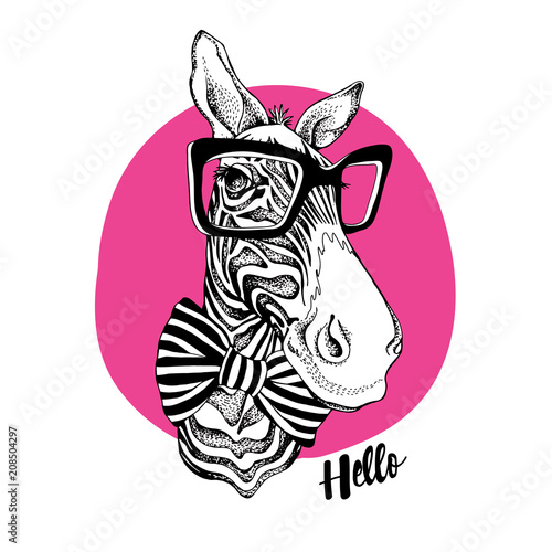 Zebra portrait in a striped tie with a black glasses on a pink background. Vector illustration.