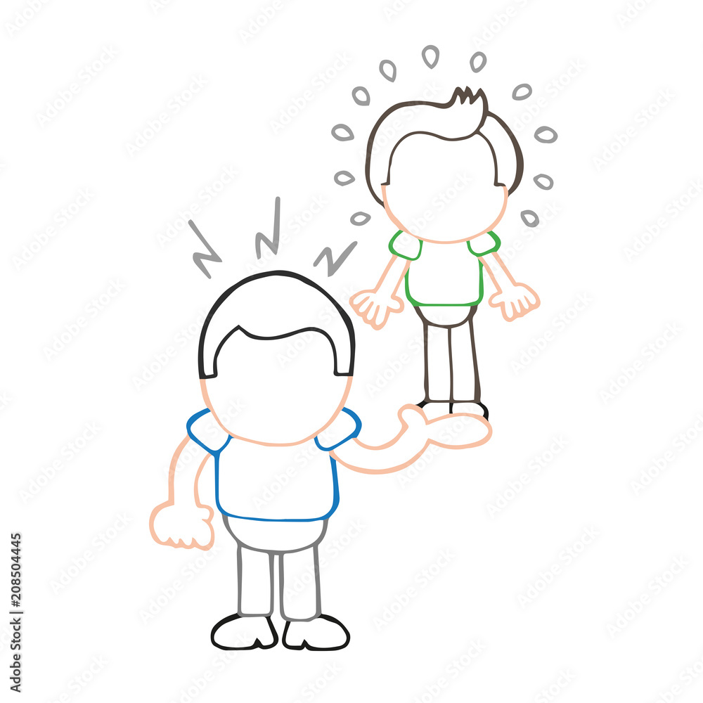 Vector hand-drawn cartoon of muscleman lifting puny guy Vector hand-drawn cartoon of muscleman lifting puny guy