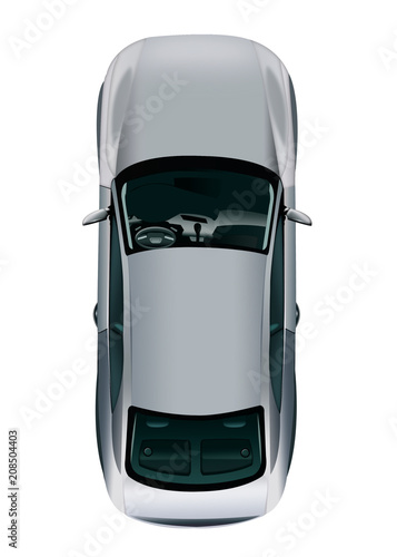 Grey passenger car top view on white background. Isolated grey car