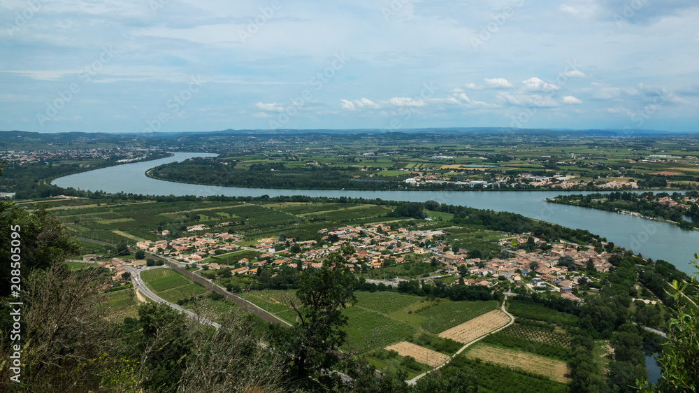 Rhône river top view with small French villages underneath.