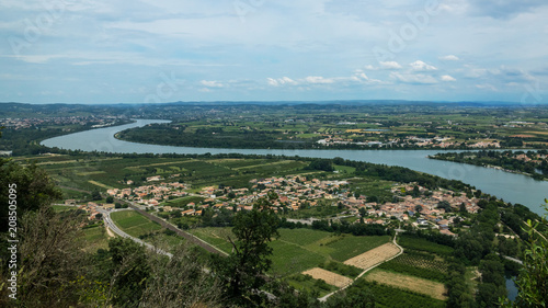 Rhône river top view with small French villages underneath.