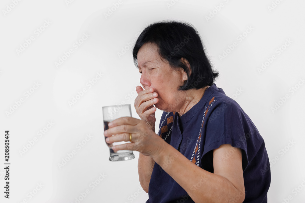 elderly woman Choking water drink ,isolated on white background elderly woman Choking water drink ,isolated on white background