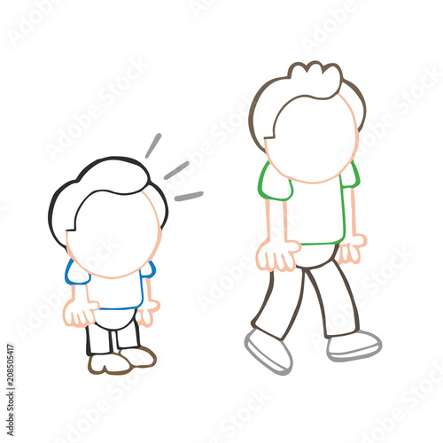 Vector hand-drawn cartoon of short man look and envy tall man