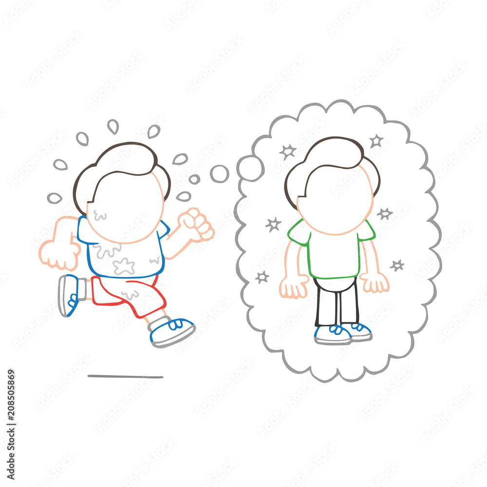 Vector hand-drawn cartoon of running man dreaming of losing weight thought bubble Vector hand-drawn cartoon of running man dreaming of losing weight thought bubble