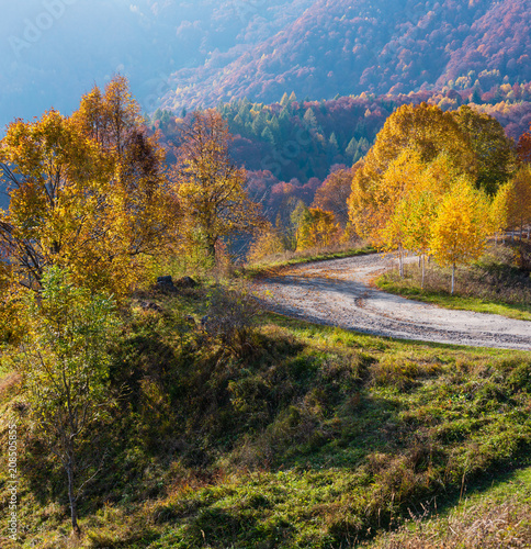 Dirty secondary road in autumn Carpathian mountain, Ukraine