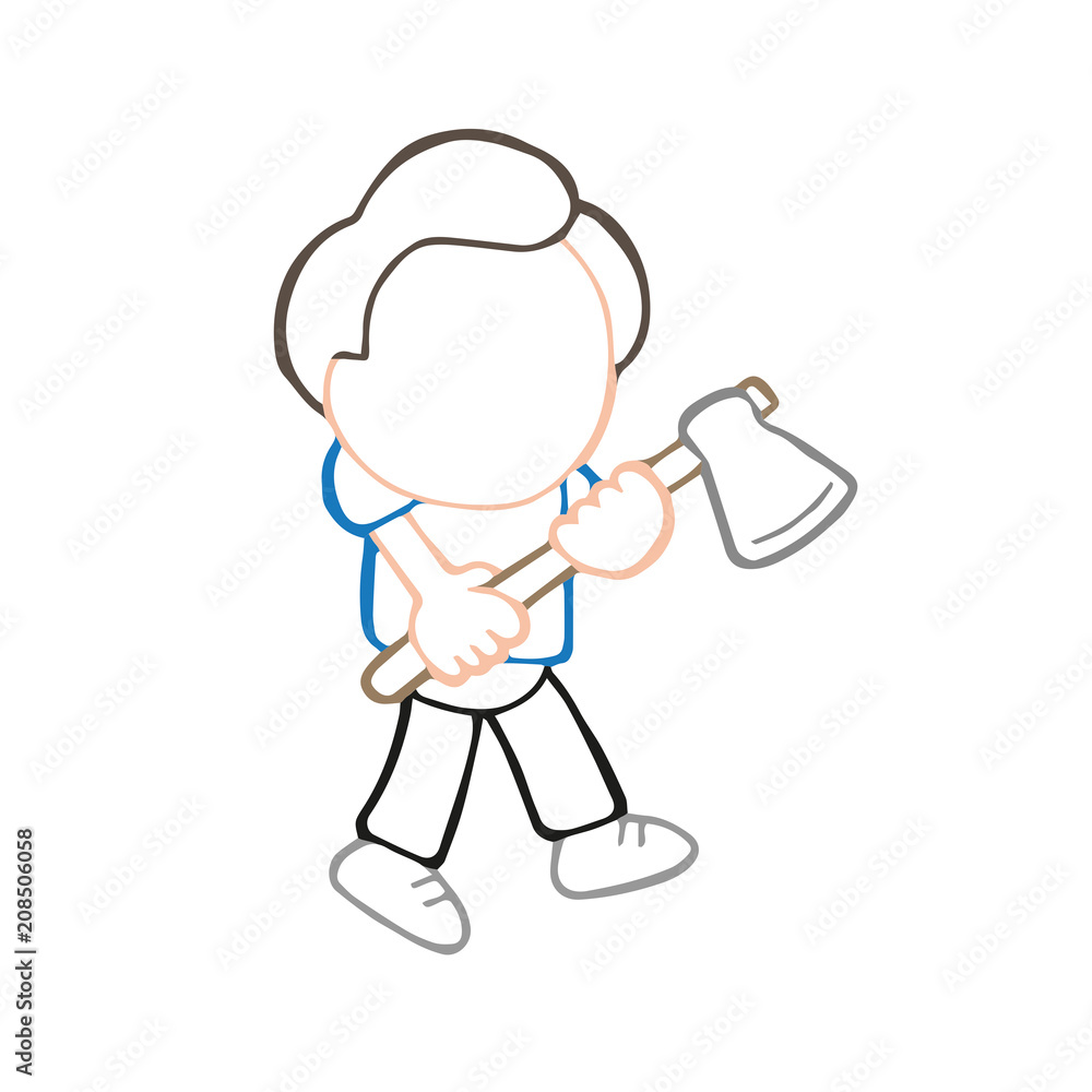Vector hand-drawn cartoon of lumberjack man holding axe walking Vector hand-drawn cartoon of lumberjack man holding axe walking