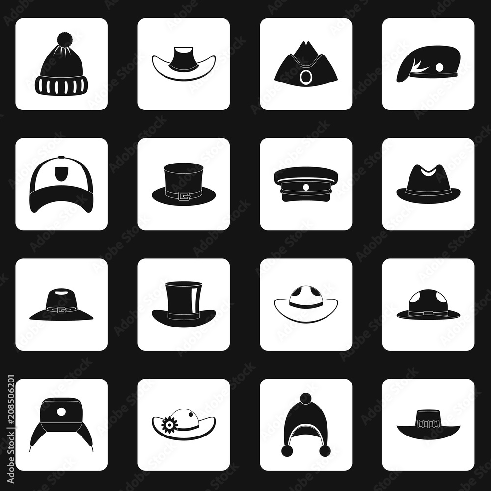 Headdress hat icons set in white squares on black background simple style vector illustration