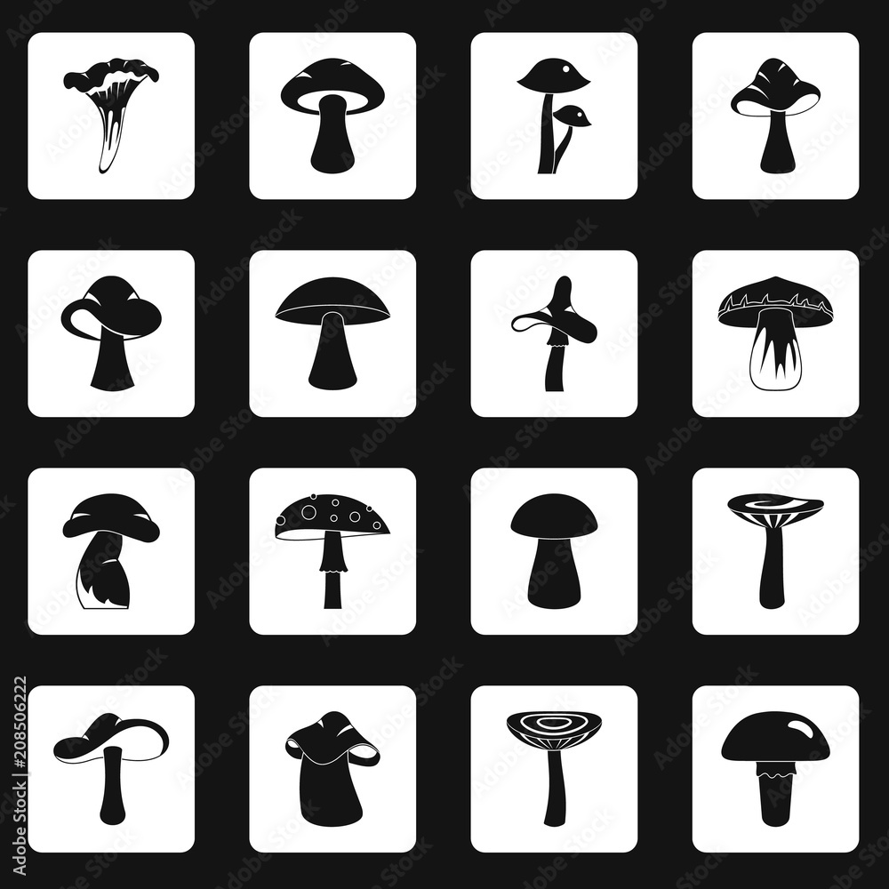 Mushroom icons set in white squares on black background simple style vector illustration Mushroom icons set in white squares on black background simple style vector illustration