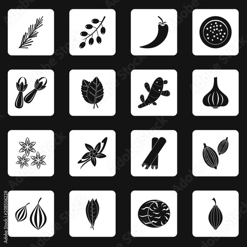 Spice icons set in white squares on black background simple style vector illustration