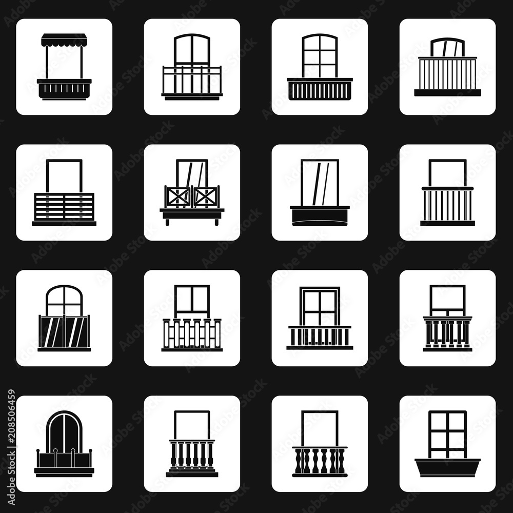 Window forms icons set in white squares on black background simple style vector illustration
