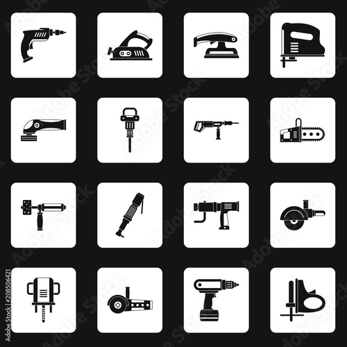 Electric tools icons set in white squares on black background simple style vector illustration