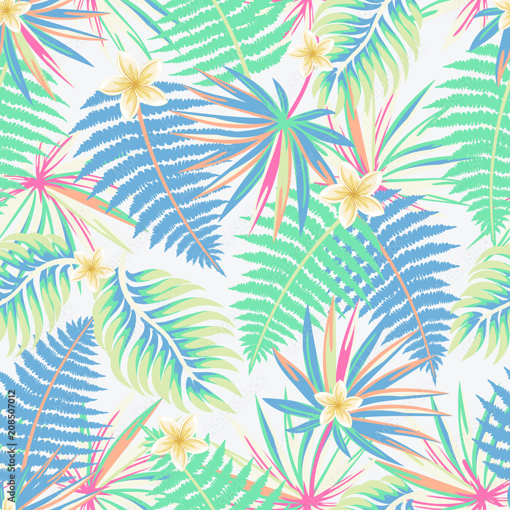 Vector seamless tropical pattern with palm leaves and flowers on light background. Colourful floral illustration for textile, print, wallpapers, wrapping. Vector seamless tropical pattern with palm leaves and flowers on light background. Colourful floral illustration for textile, print, wallpapers, wrapping.
