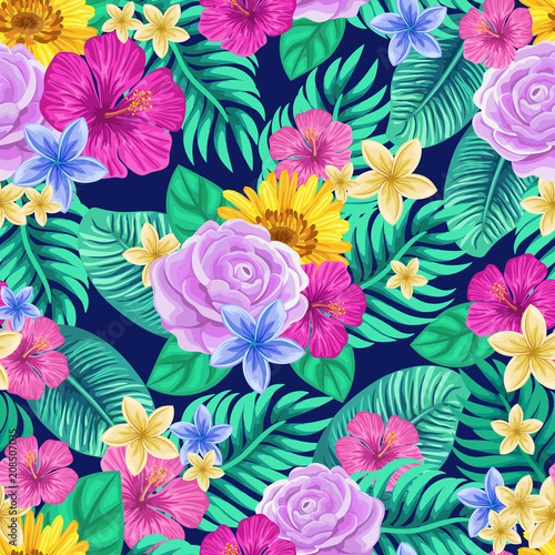 Vector seamless tropical pattern with palm leaves and flowers on dark blue background. Colourful floral illustration for textile  print  wallpapers  wrapping.