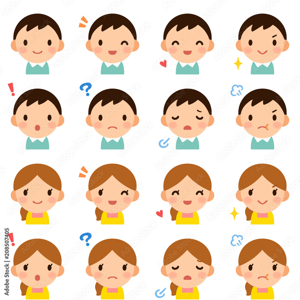 Isolated set of young married couple man & woman flat avatar expressions Isolated set of young married couple man & woman flat avatar expressions