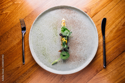 Creative Fine Dinning: Grilled white asparagus with sweet pea and morel.