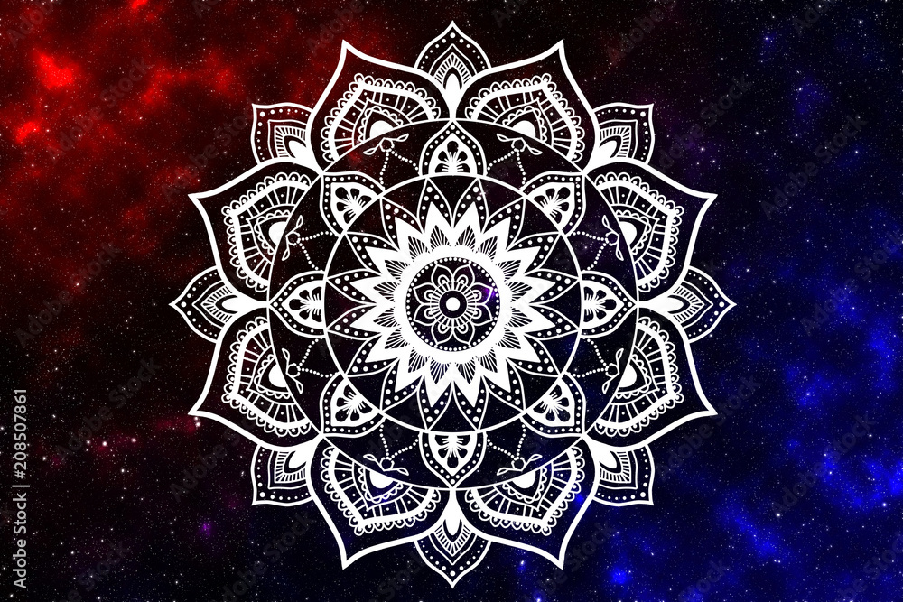 Hand drawn white mandala on the space background. Ethnic oriental ornament Hand drawn white mandala on the space background. Ethnic oriental ornament