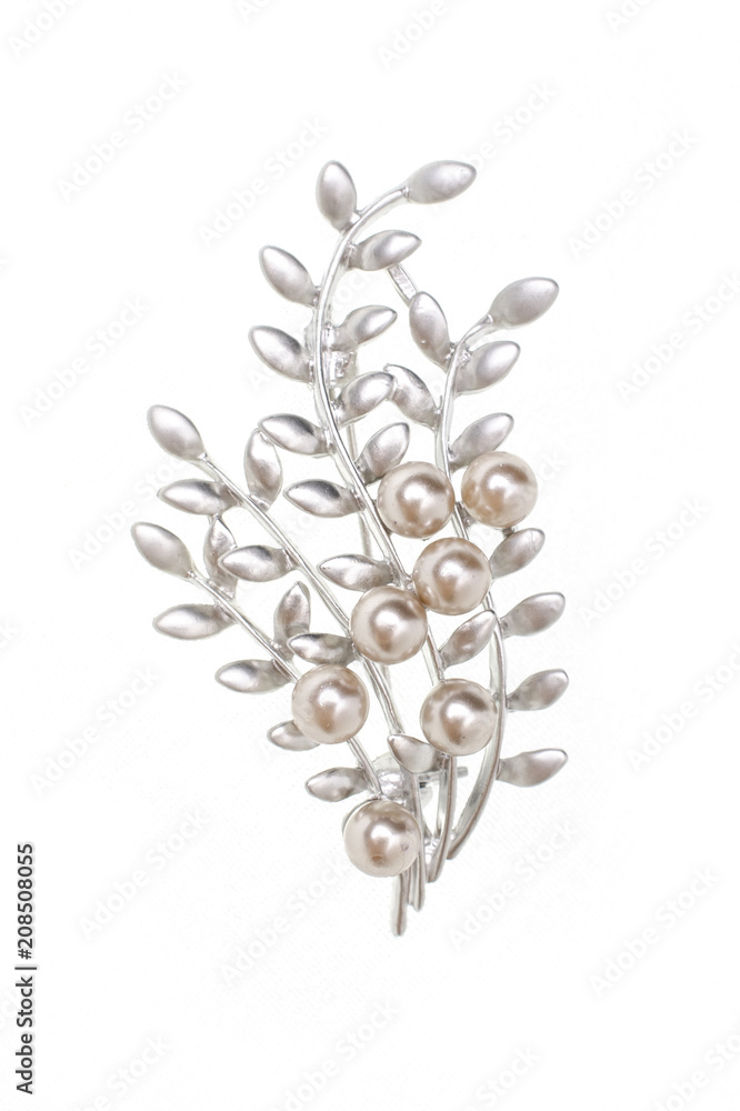 silver brooch twig with pearls isolated on white silver brooch twig with pearls isolated on white