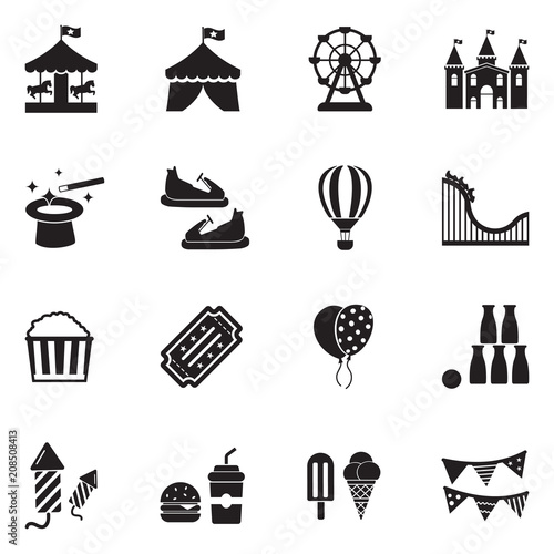 Amusement Park Icons. Black Flat Design. Vector Illustration.