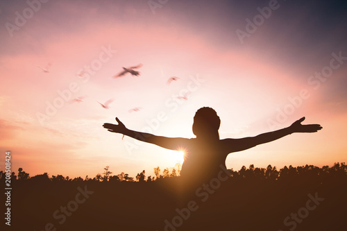 silhouette happy woman releasing birds on sky in summer sunset. Freedom and relaxing lifestyle