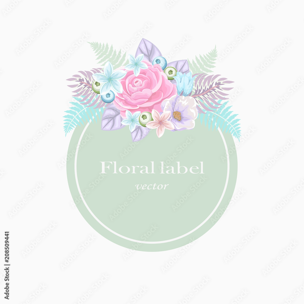 Round frame with pink and blue flowers. Vector Floral label on white background. Round frame with pink and blue flowers. Vector Floral label on white background.