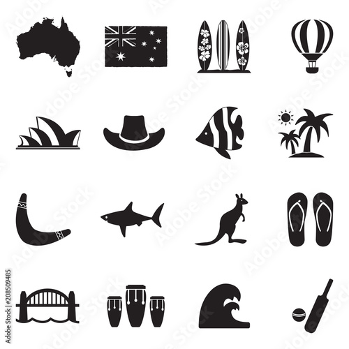 Australian Culture Icons. Black Flat Design. Vector Illustration.