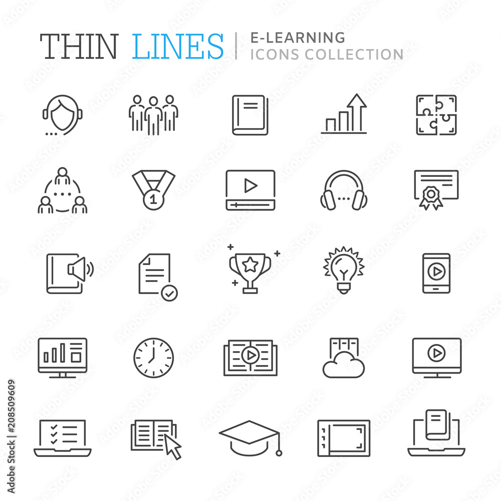 Collection of e-learning thin line icons