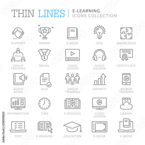 Collection of e-learning thin line icons