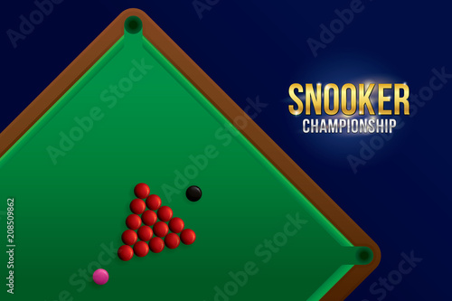 Vector of green snooker table with balls and wood cue from top view.