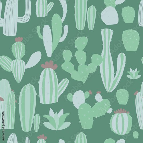 Fototapeta Naklejka Na Ścianę i Meble -  Cacti seamless pattern with succulen green cactus vector illustration.