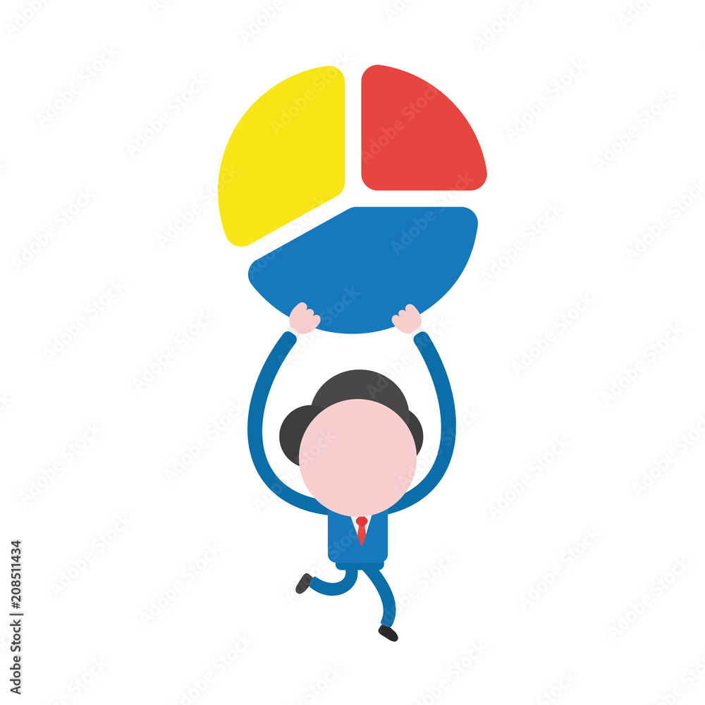 Vector businessman character running and holding up three pieces diagram pie parts Vector businessman character running and holding up three pieces diagram pie parts