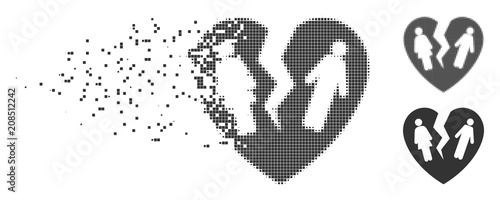 Fractured broken family heart dotted icon with disintegration effect. Halftone dotted and intact solid gray variants. Dots have rectangular shape.