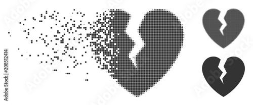 Dissolved broken heart dotted icon with disintegration effect. Halftone dotted and intact entire gray variants. Dots have rectangular shape. Fragments are combined into dissolving broken heart form.