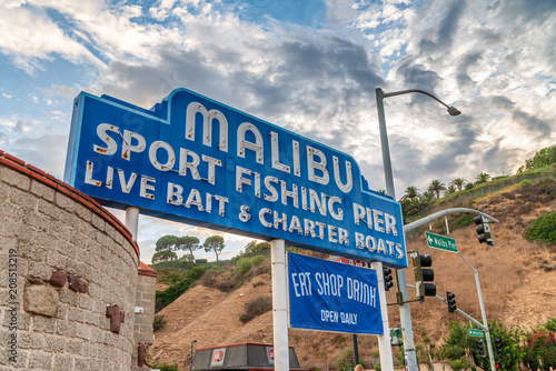 MALIBU, CA - AUGUST 1, 2017: Malibu fishing pier entrance. This is a major attraction for tourists