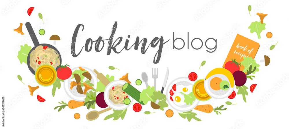 Logo or signboard for cooking blog with fruits, vegetables and other products and appliances for cooking