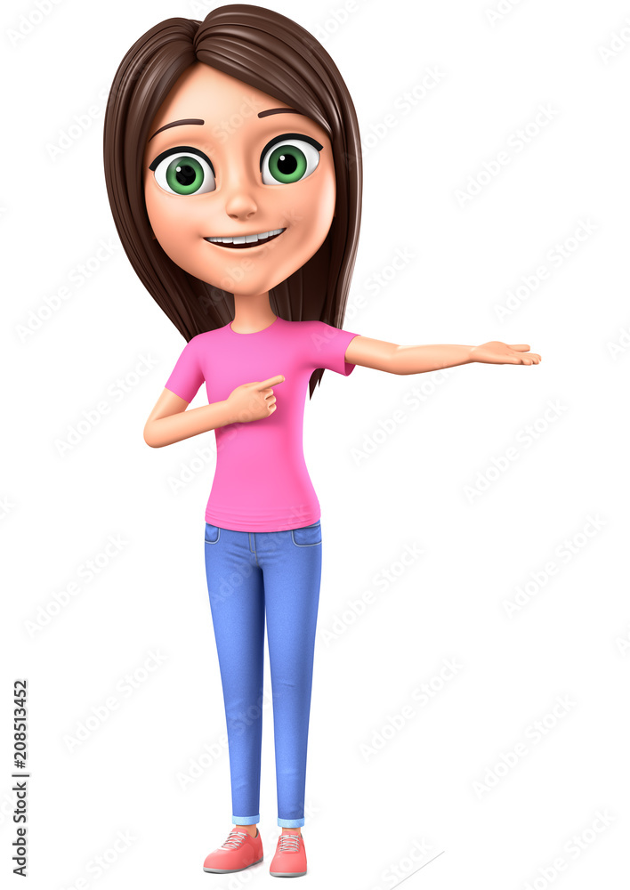 Cheerful little girl in jeans points to the empty hand. 3d render illustration. Cheerful little girl in jeans points to the empty hand. 3d render illustration.