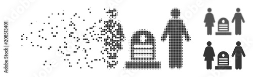 Dissolved family cemetery pixel icon with disintegration effect. Halftone dotted and intact solid gray variants. Dots have square shape. Fragments are organized into dispersed family cemetery figure.