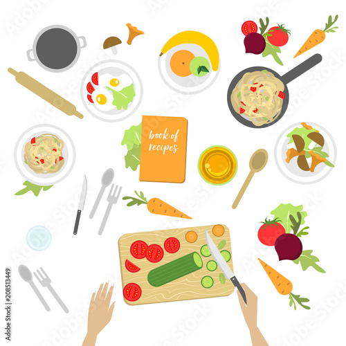 Workplace of cook, view from above, kitchen table, fruits, vegetables and other products and appliances for cooking