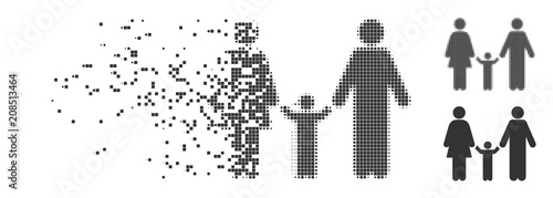 Dispersed family child dotted icon with disintegration effect. Halftone pixelated and undamaged entire grey versions. Dots have rectangular shape.